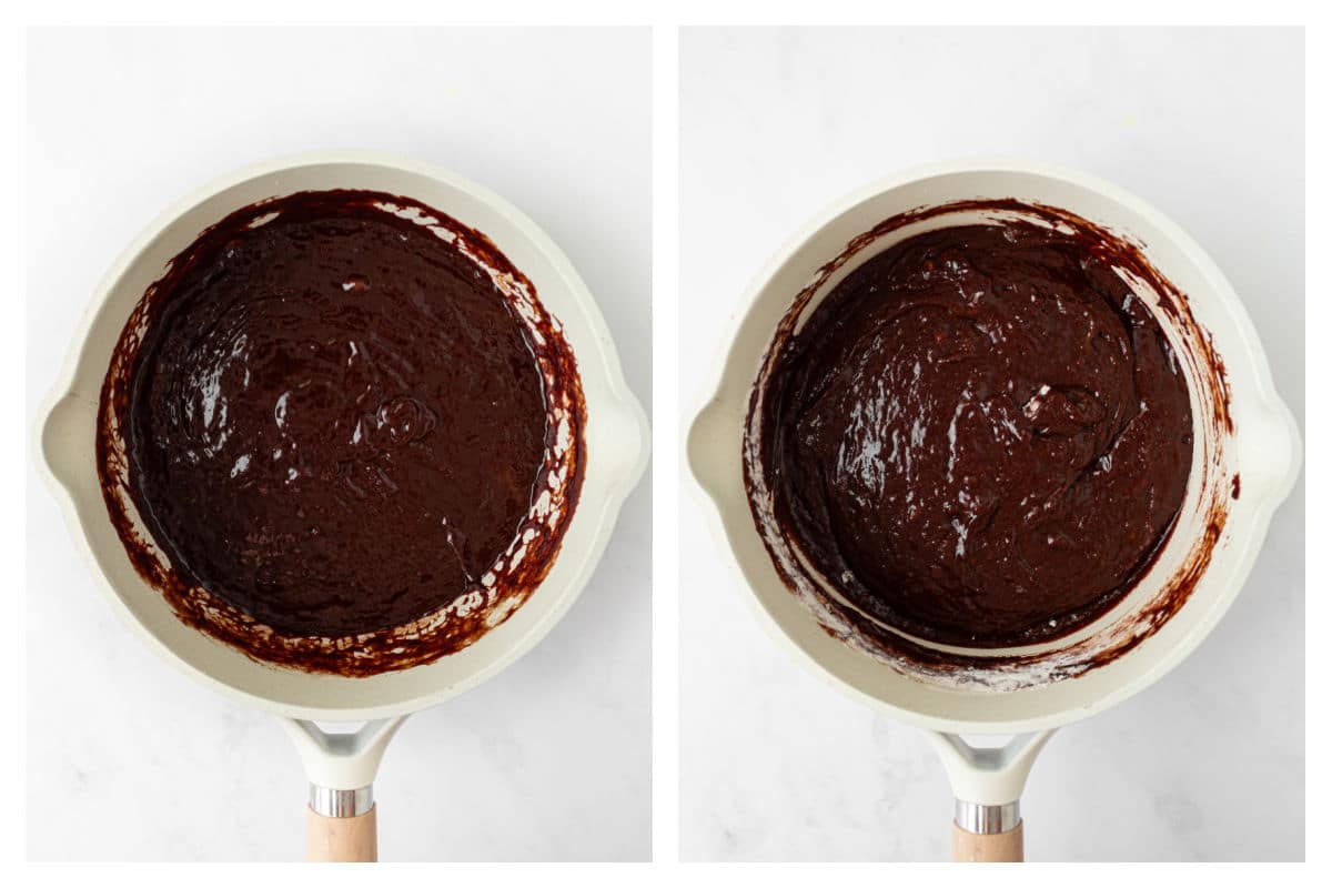 Dry ingredients whisked into chocolate mixture next to chocolate chips stirred in.