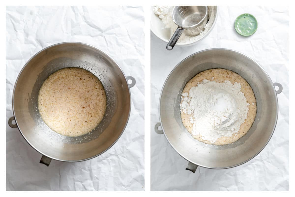 Yeast proofing in a bowl next to flour on yeast mixture. 