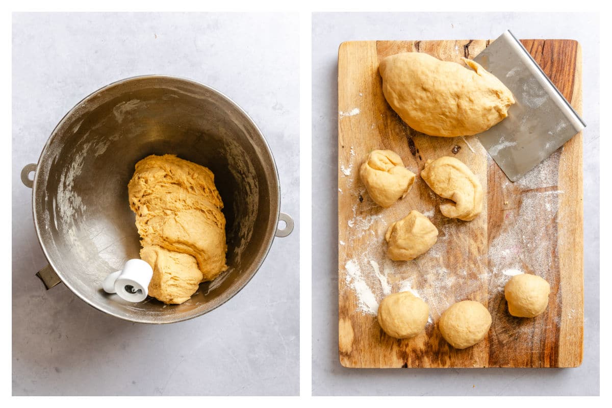 Honey wheat roll dough in a bowl next to dough divided into pieces. 