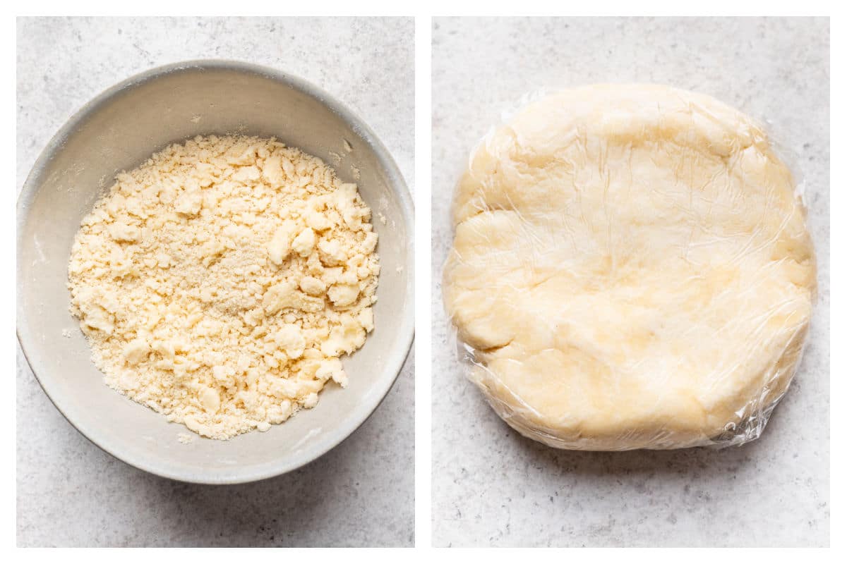 Pie crust clumps in a bowl next to the crust dough wrapped in plastic wrap.