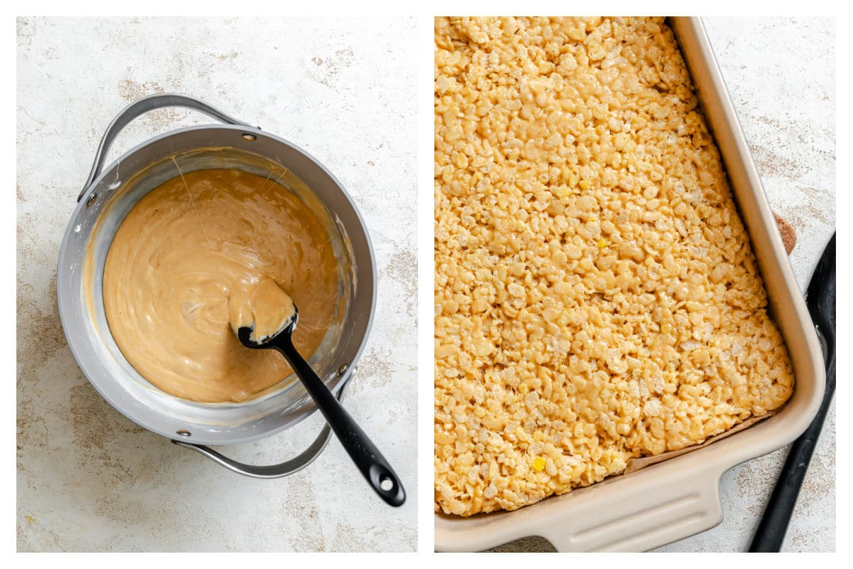 Melted peanut butter marshmallow mixture in a pot next to pb rice krispies in a pan.