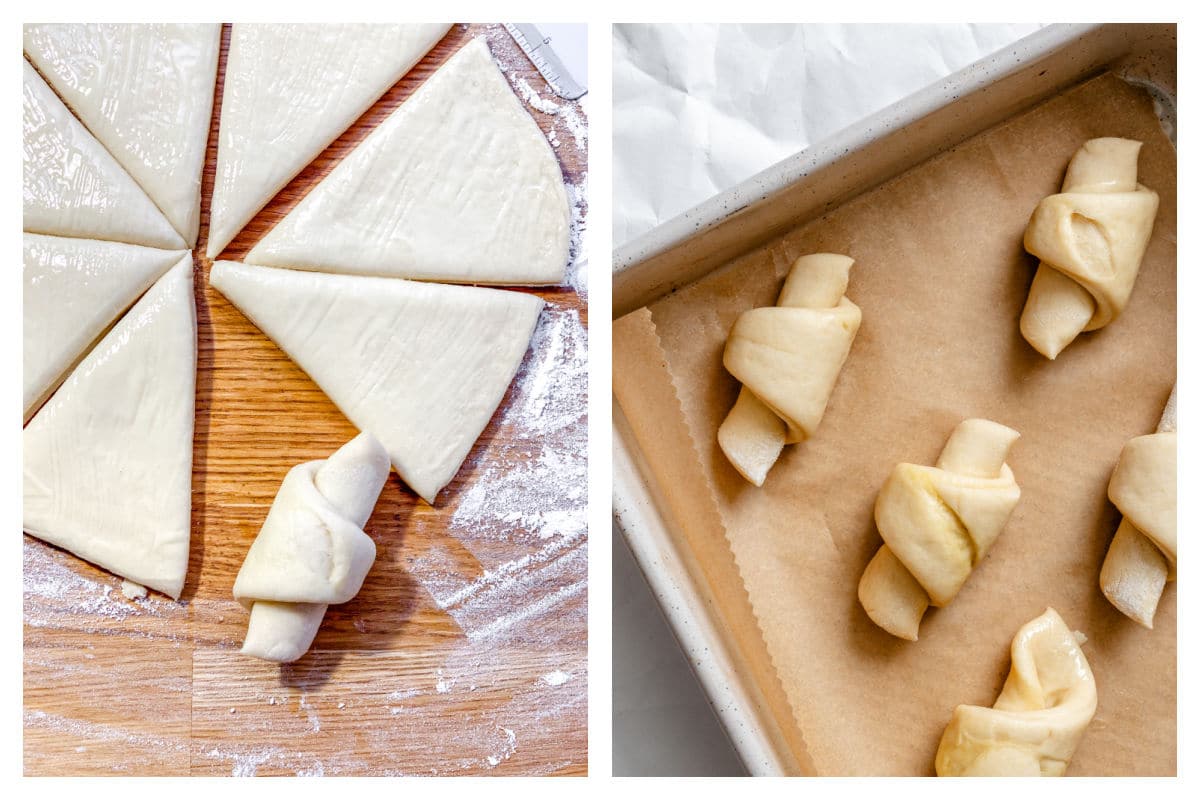Dough rolled into a crescent shape next to shaped dough on a baking sheet. 