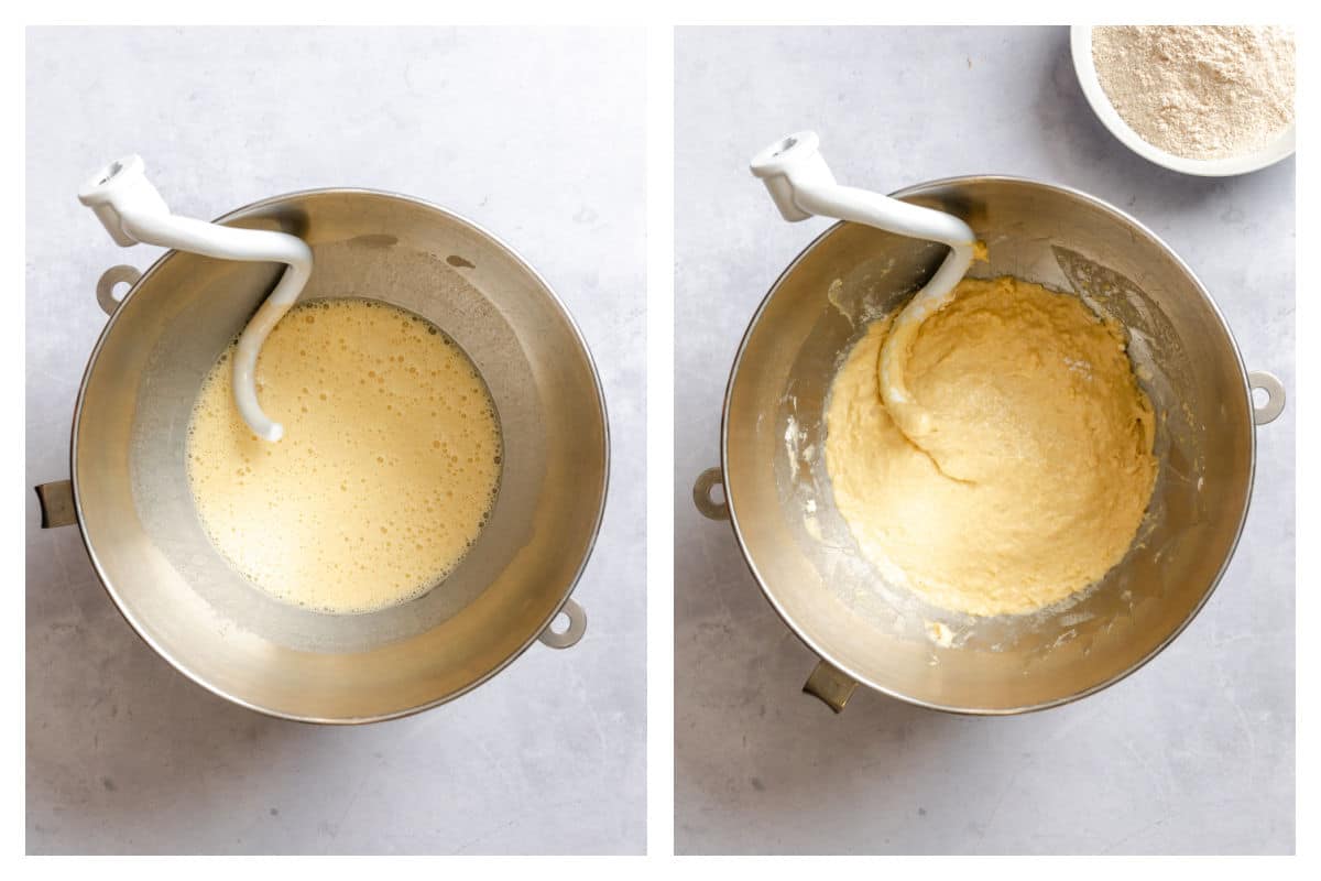 Egg and salt mixed in and part of flour mixed in. 