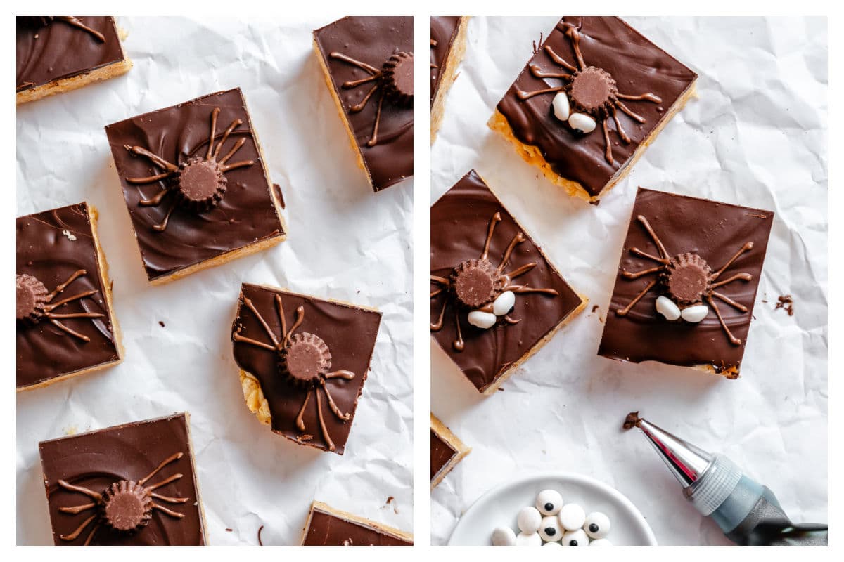 Decorating the spiders on the rice krispies treats. 
