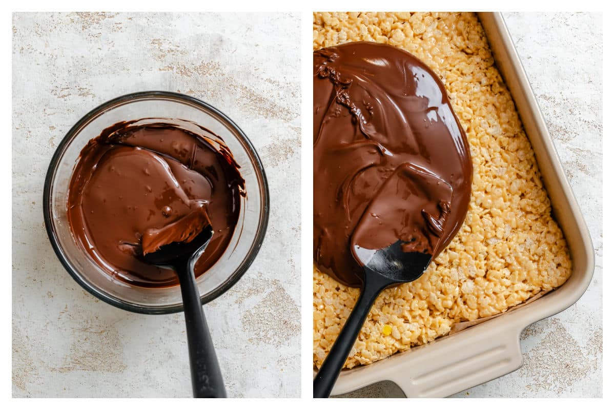 Melted chocolate in a bowl next to the chocolate spread on pb rice krispies. 