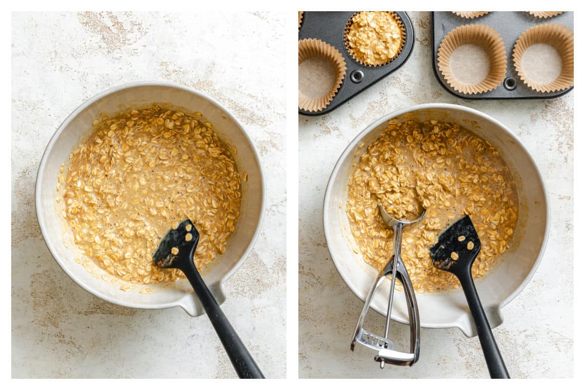 Pumpkin oatmeal mixture in a bowl next to a muffin scoop dividing the batter.