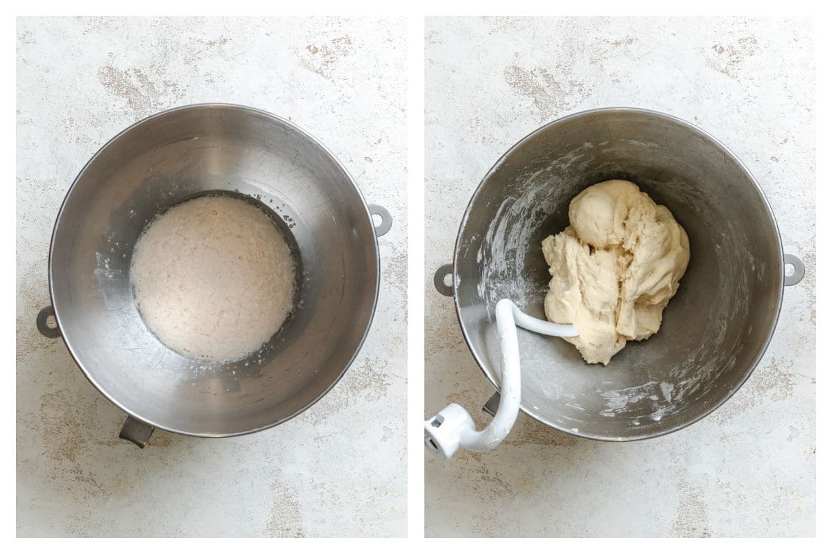 Yeast proofing next to dough in a mixing bowl. 