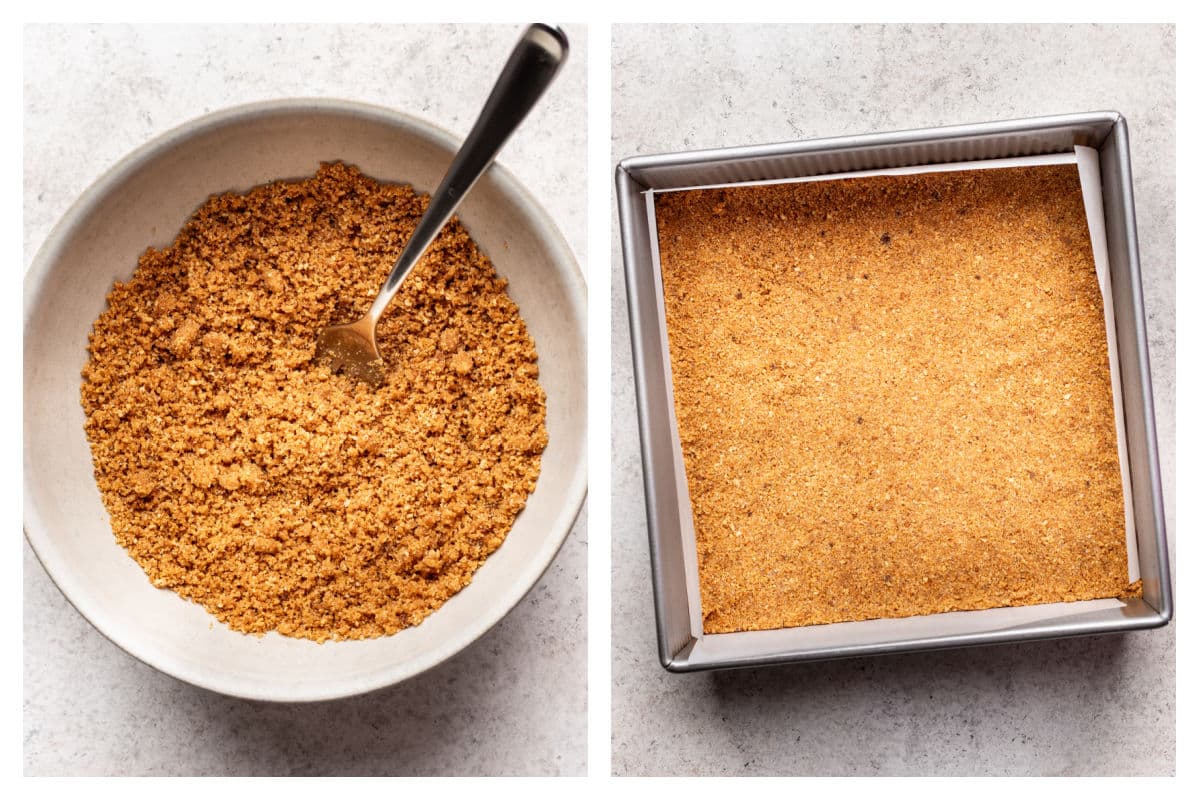 Graham cracker crumbs in a bowl next to crumb mixture pressed in pan.