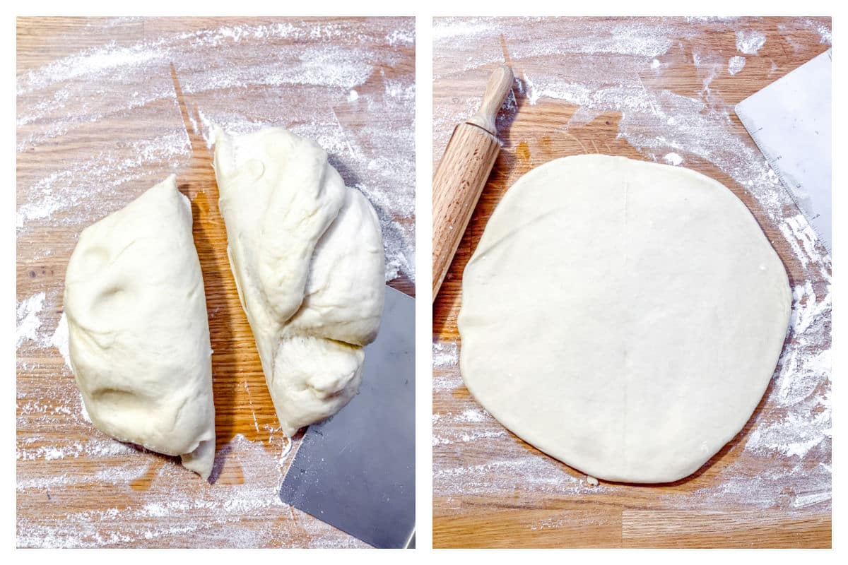 Dough divided in two next to dough rolled out.