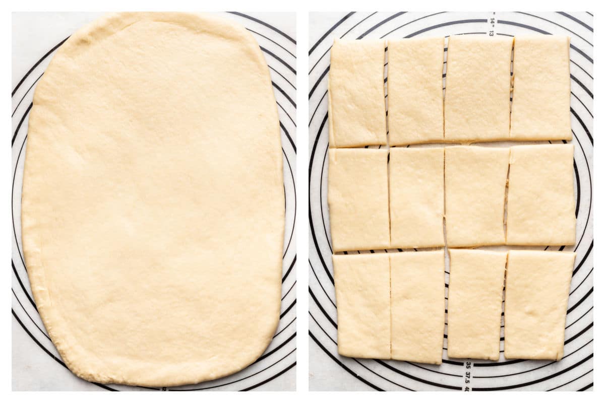Rolled out roll dough next to the dough cut into rectangles.
