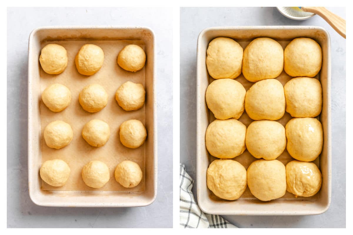 Unrisen dough in a pan next to risen dough in a pan. 