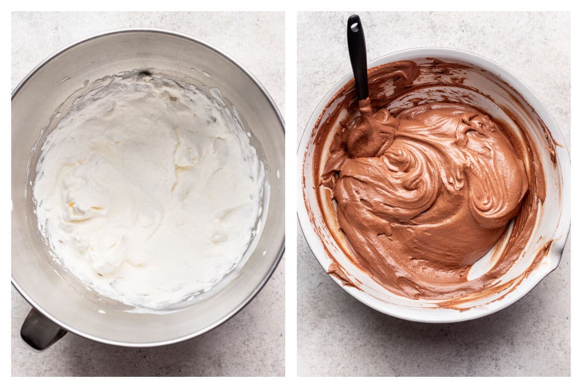 Whipped cream in a bowl next to French silk filling in a mixing bowl. 