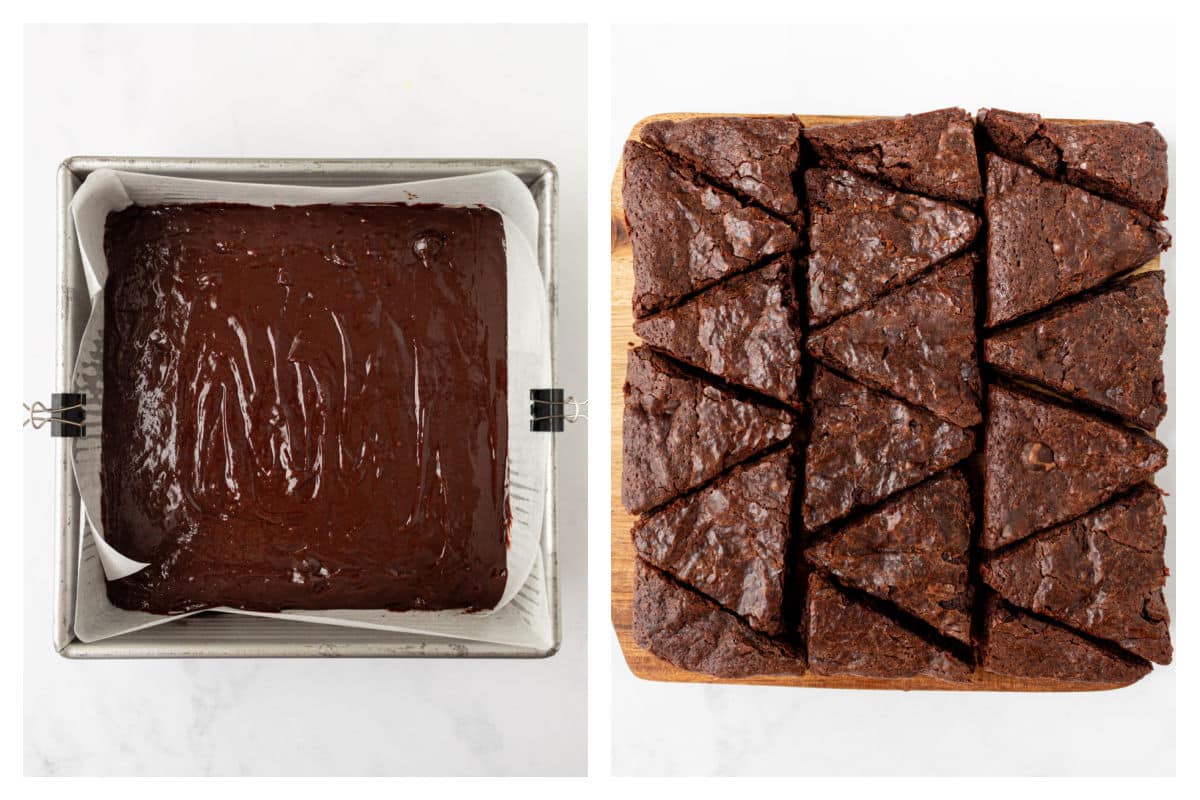 Brownie batter in a pan next to baked brownies cut into triangles.
