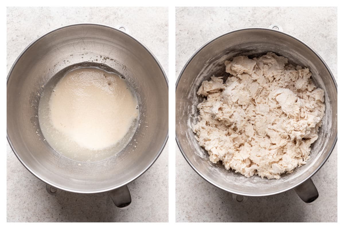 Yeast foaming in a mixing bowl next to a shaggy dough in a mixing bowl.