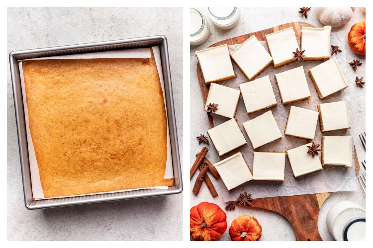 Baked pumpkin cheesecake bars next to topped and cut bars. 