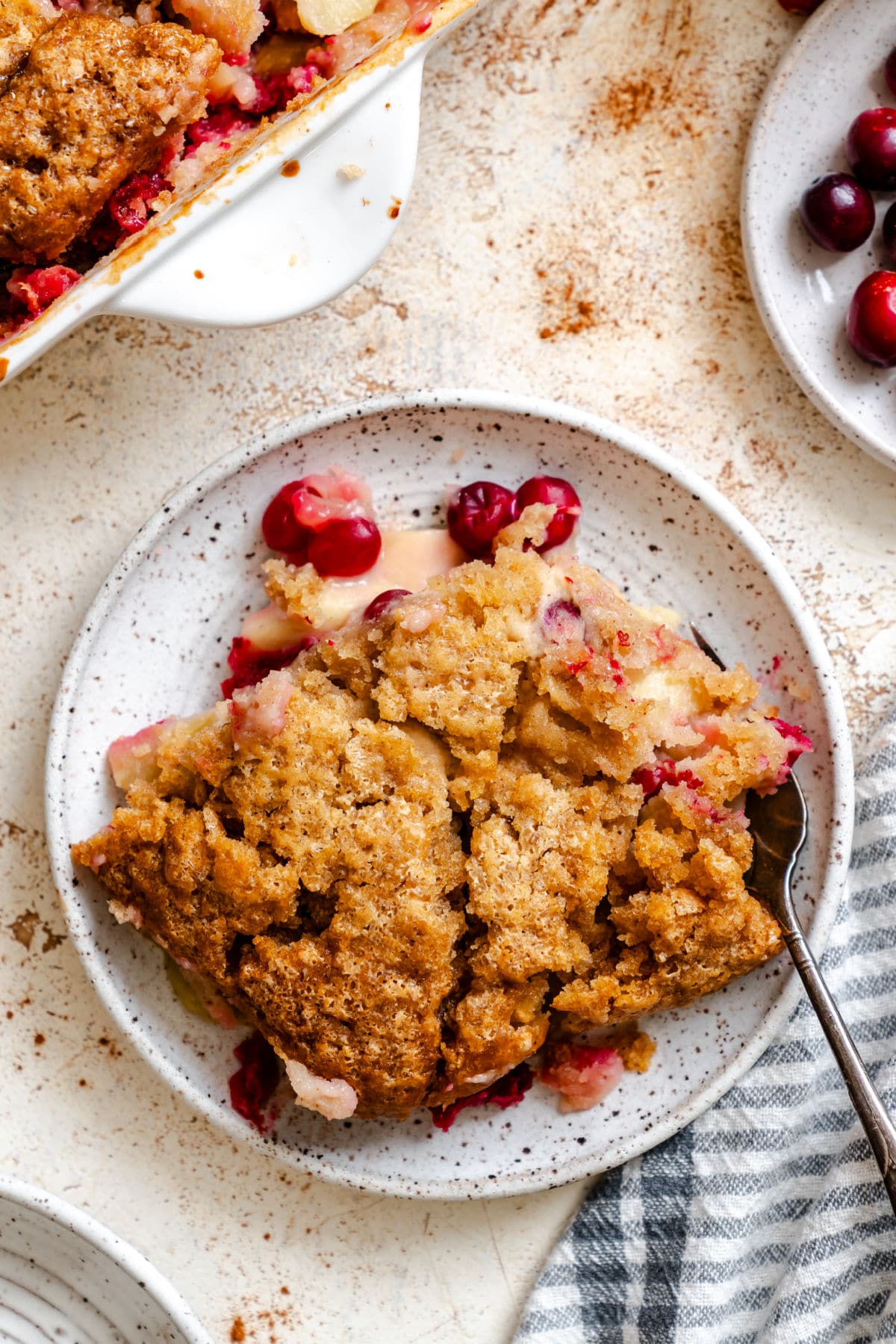 A plate of cranberry apple cobbler next to the pan.