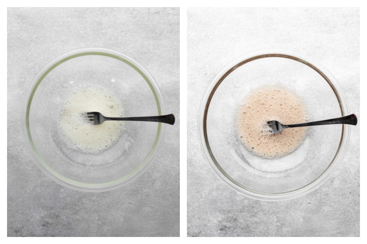 Egg white in a dish next to foamed vanilla egg white in a dish.