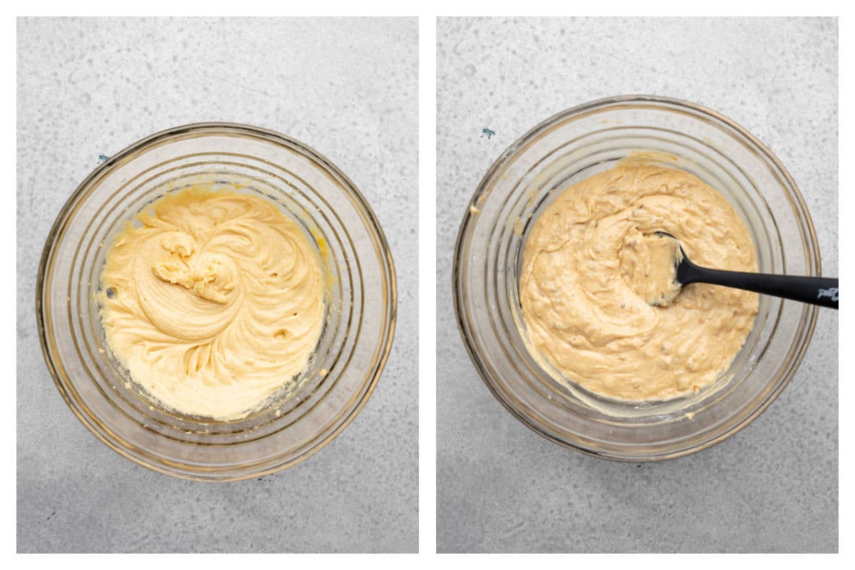 Eggs beaten into creamed mixture next to dry ingredients stirred in.