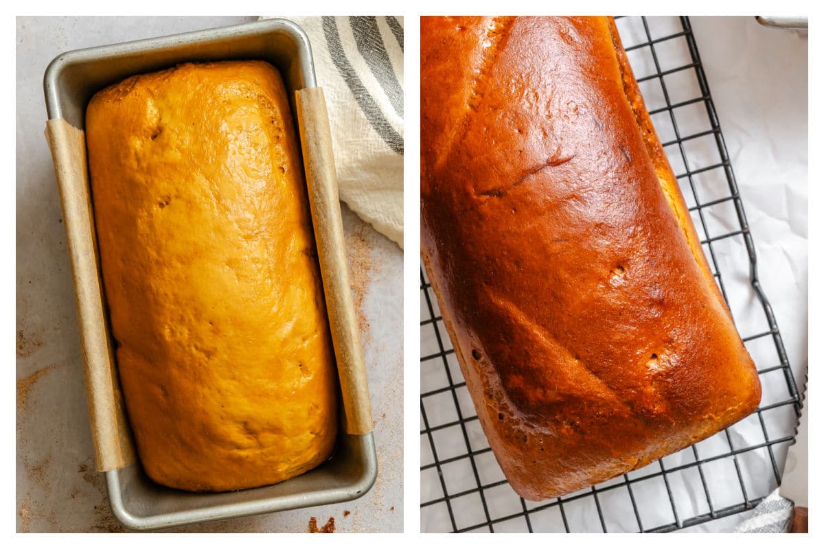 Risen dough in a pan next to baked loaf of gingerbread cinnamon swirl bread on a cooling rack. 