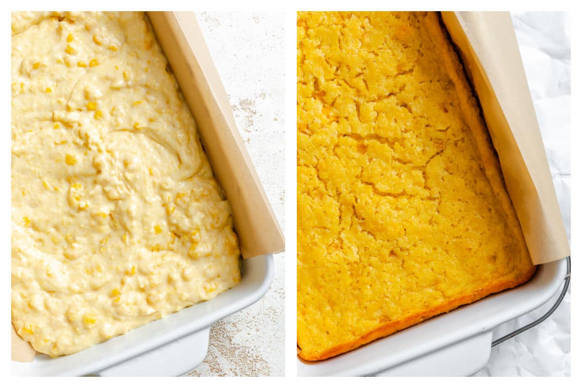 Unbaked and baked Jiffy corn casseroles in baking pans. 