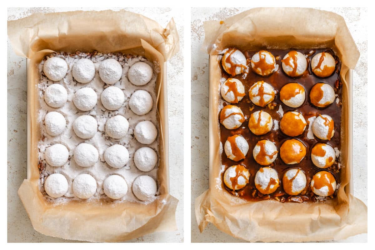 Pudding mix sprinkled over frozen roll dough next to butter and sugar mixture poured over. 