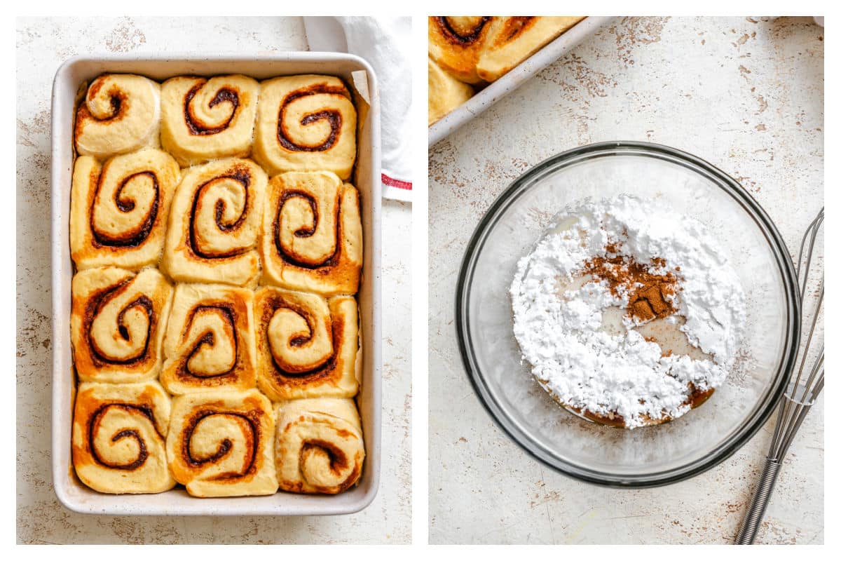 Baked potato cinnamon rolls in a pan next to icing dry ingredients in a bowl. 