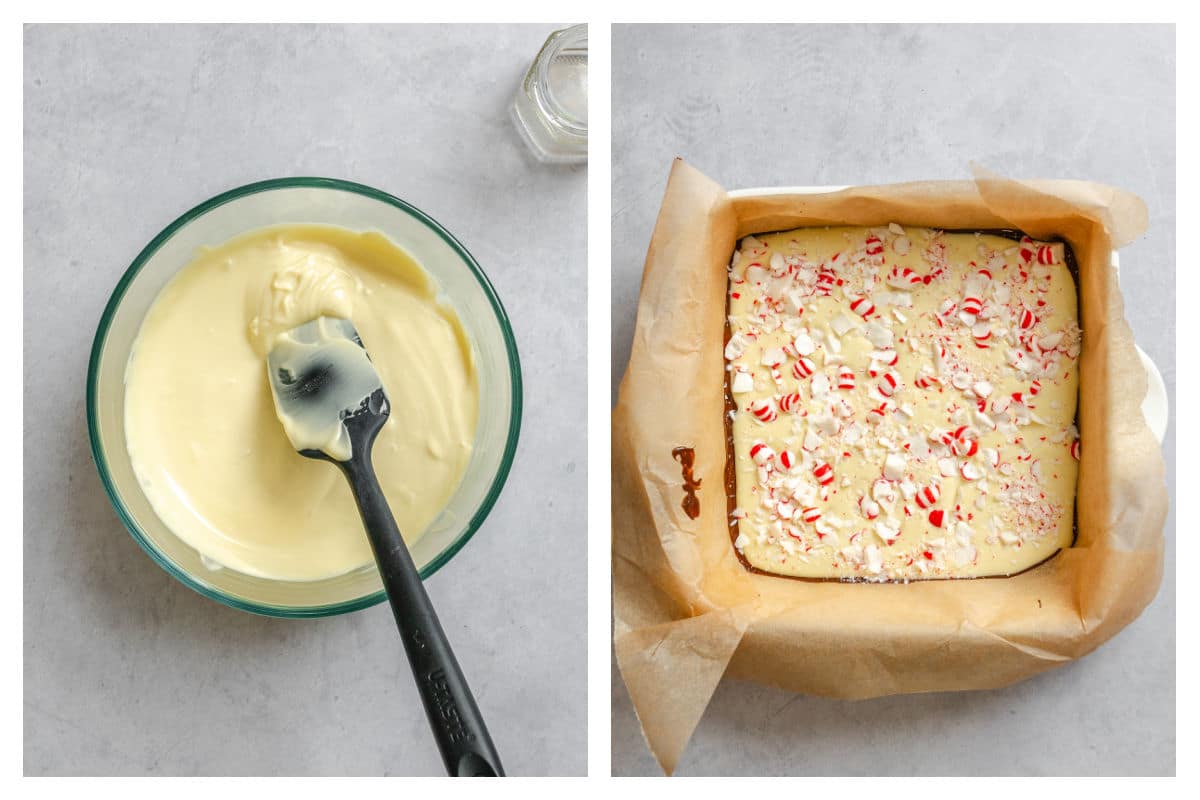 Melted white chocolate in a bowl next to white chocolate spread over chocolate in a pan.
