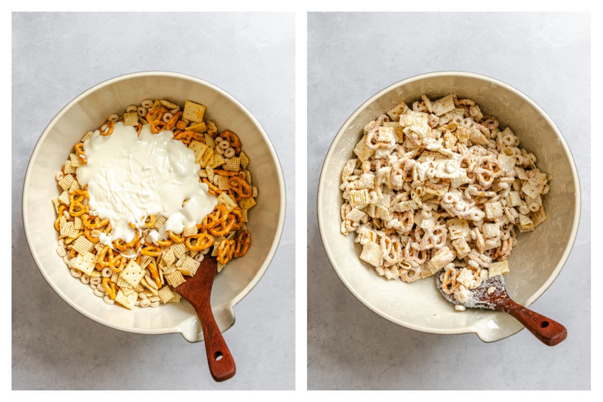 Melted vanilla almond bark on cereal mix next to cereal mix coated in almond bark.