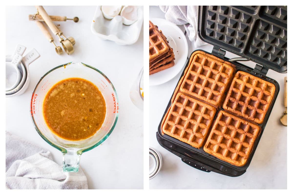 Gingerbread waffle batter in a mixing bowl next to gingerbread waffles in a waffle iron.
