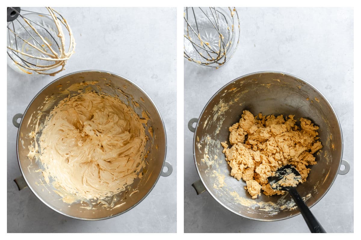 Creamed butter and peanut butter in a bowl next to powdered sugar mixed in.