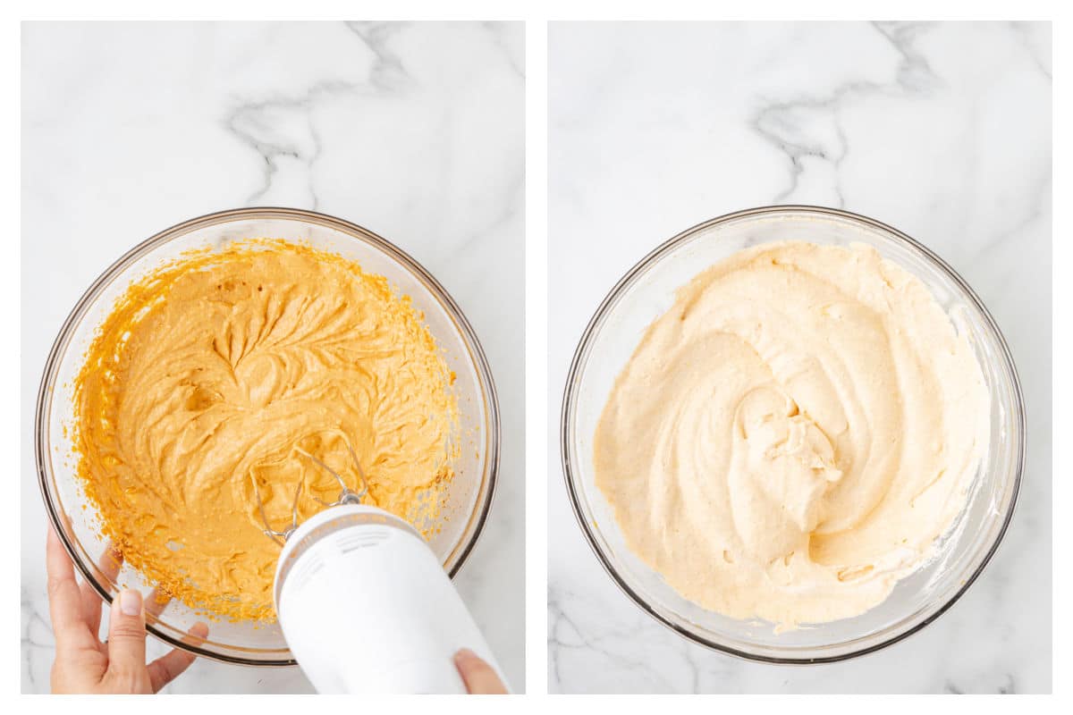 A mixer beating cream cheese, pumpkin puree, and spices together next to cool whip folded in.