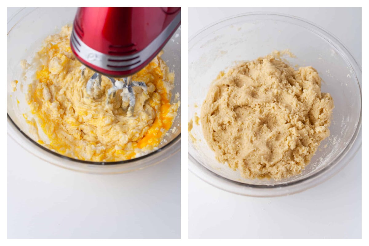 Eggs beaten into butter and sugar mixture next to snickerdoodle dough in a bowl.