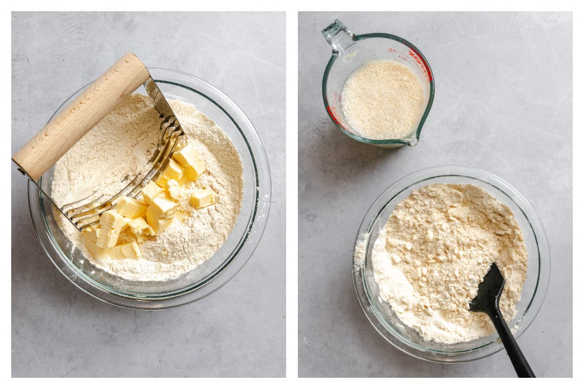 Butter cut into dry ingredients next to buttermilk poured in.