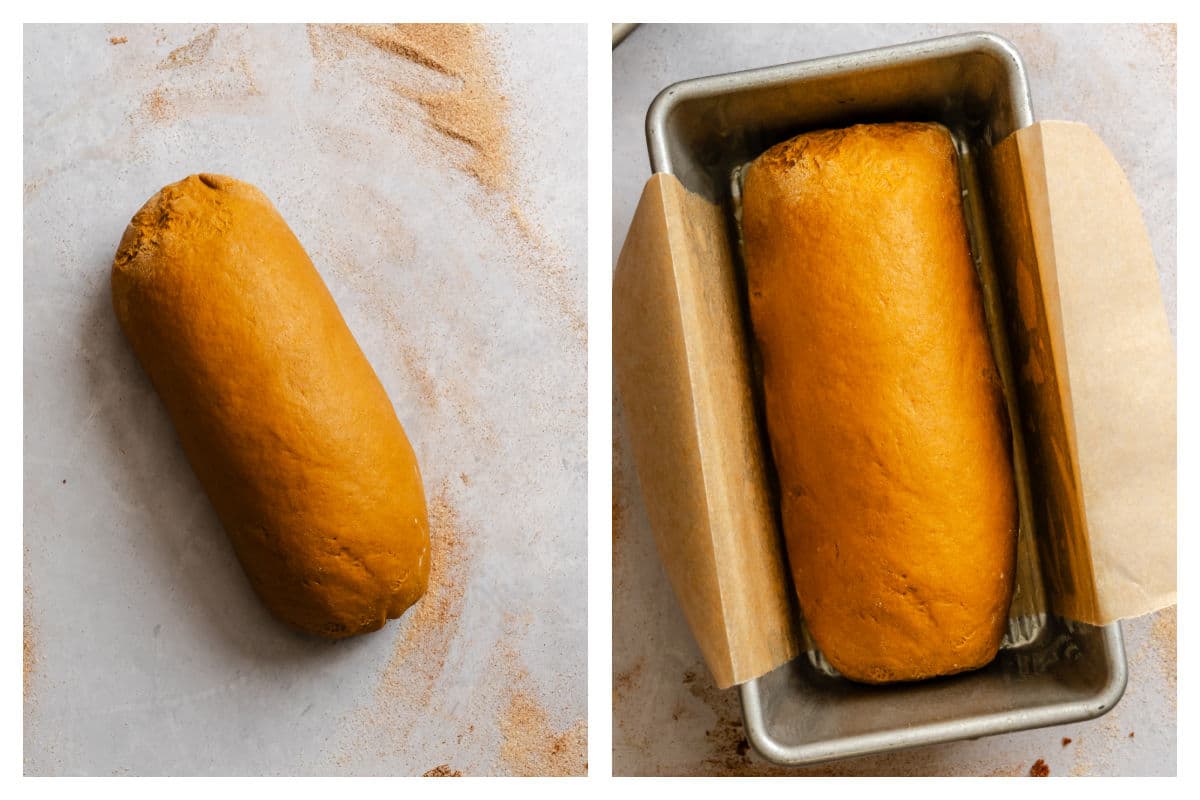 Rolled up dough and dough in a pan. 