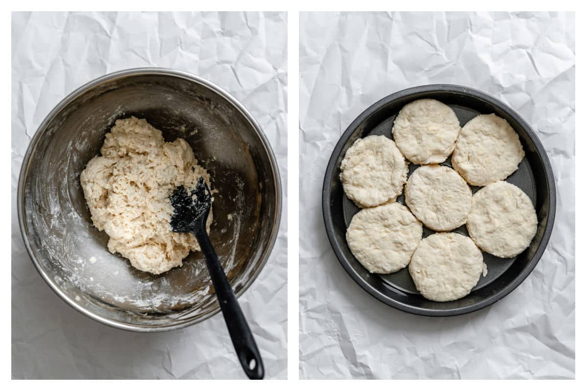 Buttermilk stirred into flour mixture next to biscuits in a pan.