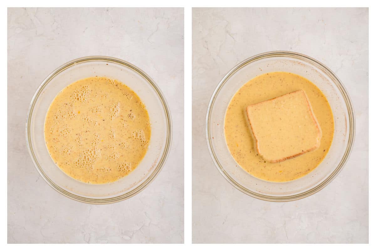 Ingredients for eggnog French toast custard in a bowl next to a piece of bread in the custard.