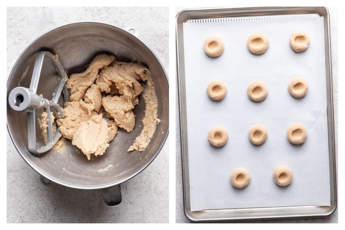Thumbprint cookie dough in a mixing bowl next to the shaped dough on a baking sheet. 