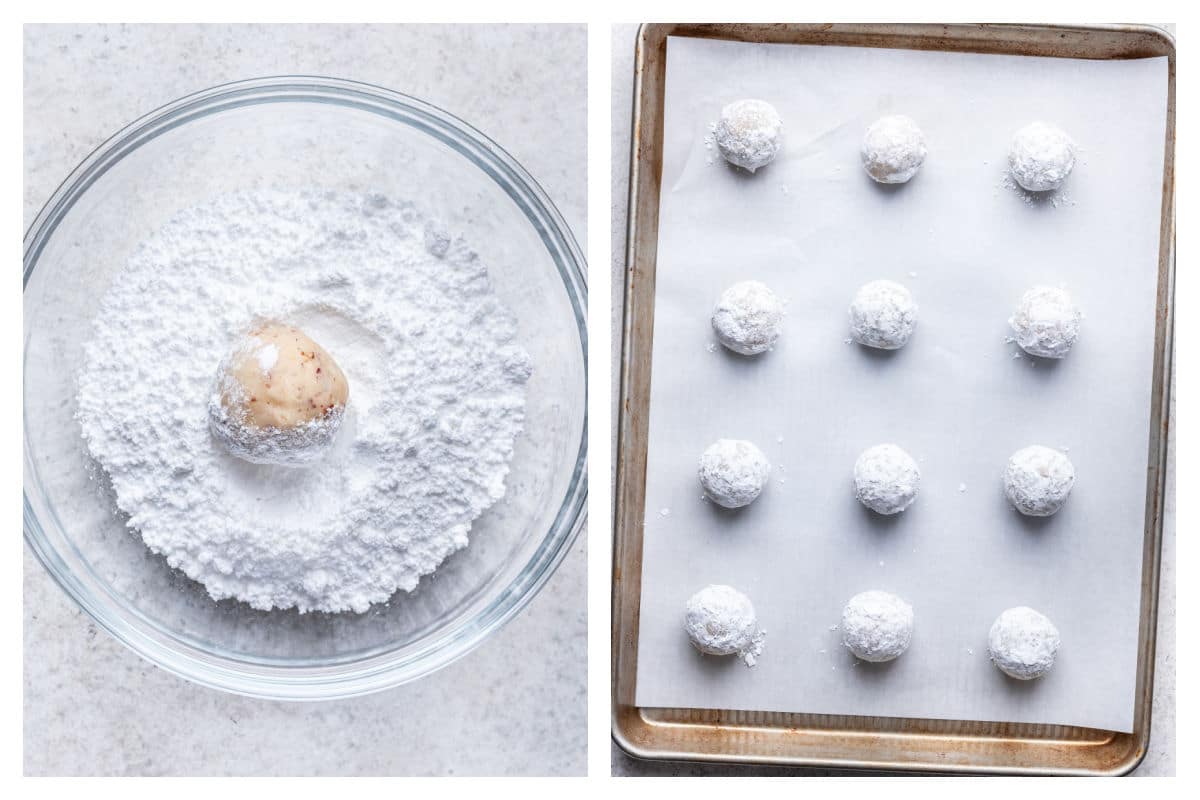 Snowball kiss cookie dough in powdered sugar next to rolled cookies on a baking sheet. 