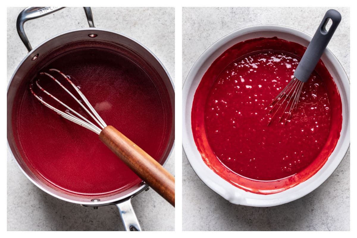 Eggs buttermilk and red food coloring stirred into cocoa mixture next to red velvet cake batter in a bowl.
