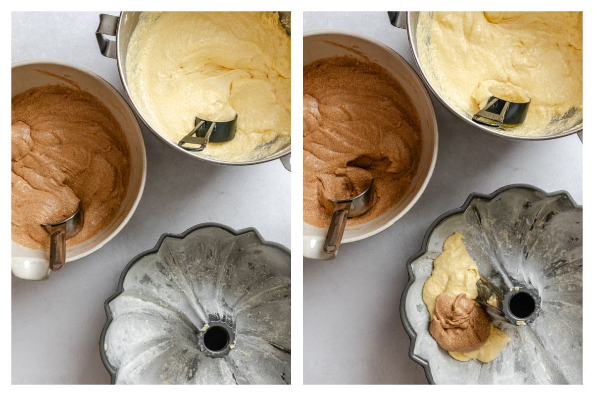Cinnamon and plain cake batters next to a bundt pan and the two batters layered in the bundt pan.