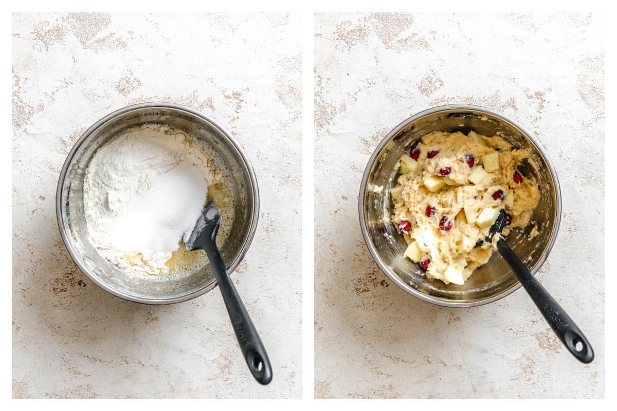 Dry ingredients whisked into wet ingredients next to apple and cranberries folded in.