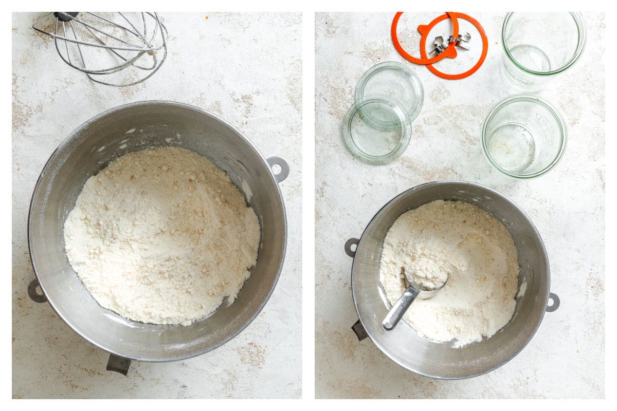 Mixed up cake mix in a mixing bowl next to cake mix being scooped into jars.