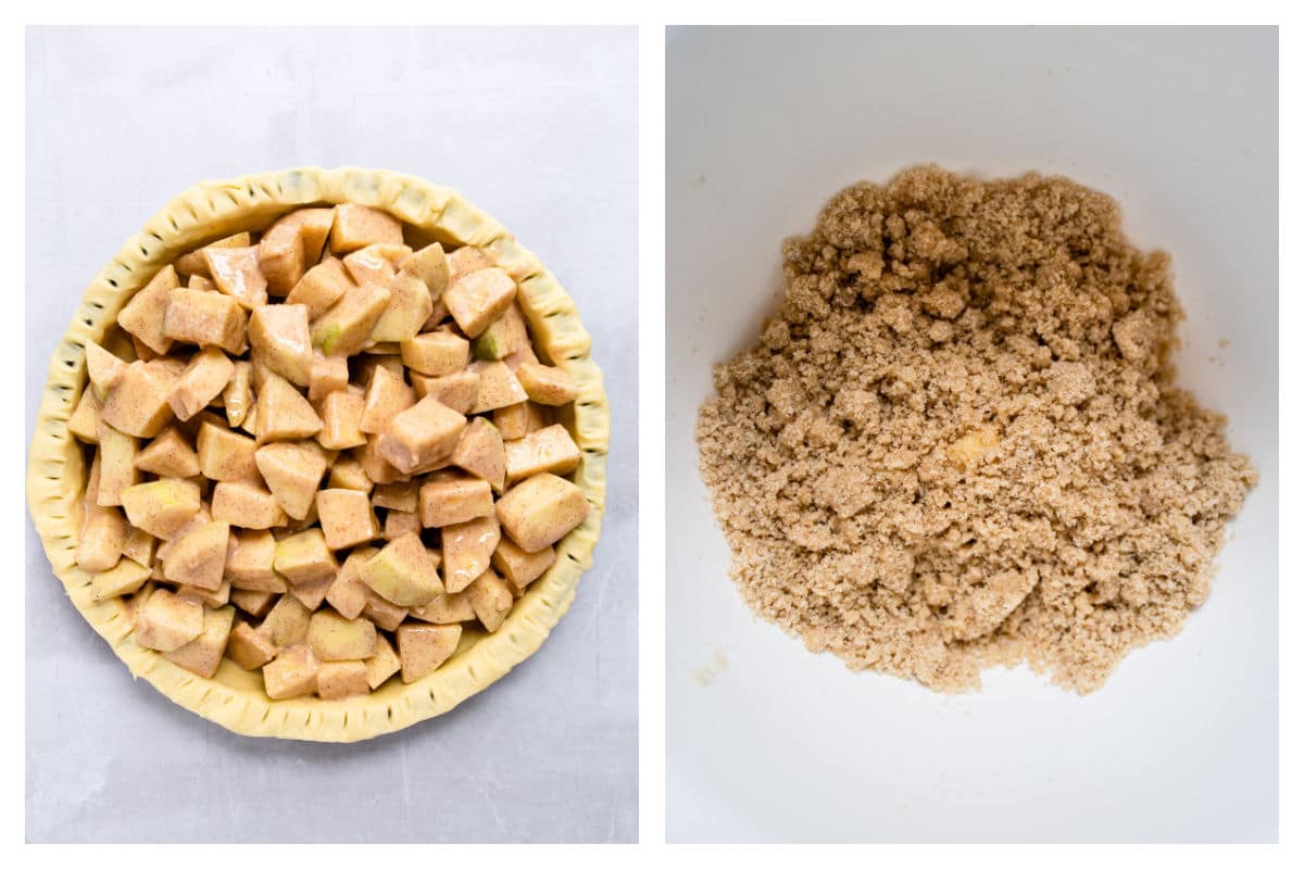 Apple pie filling in an unbaked pie crust next to crumb topping in a bowl. 