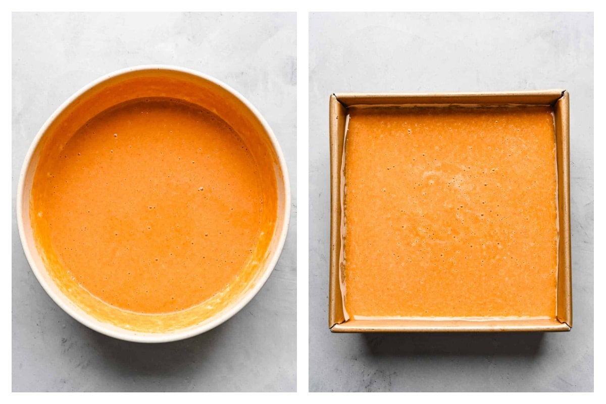 Pumpkin pie filling in a bowl next to on the unbaked crust. 