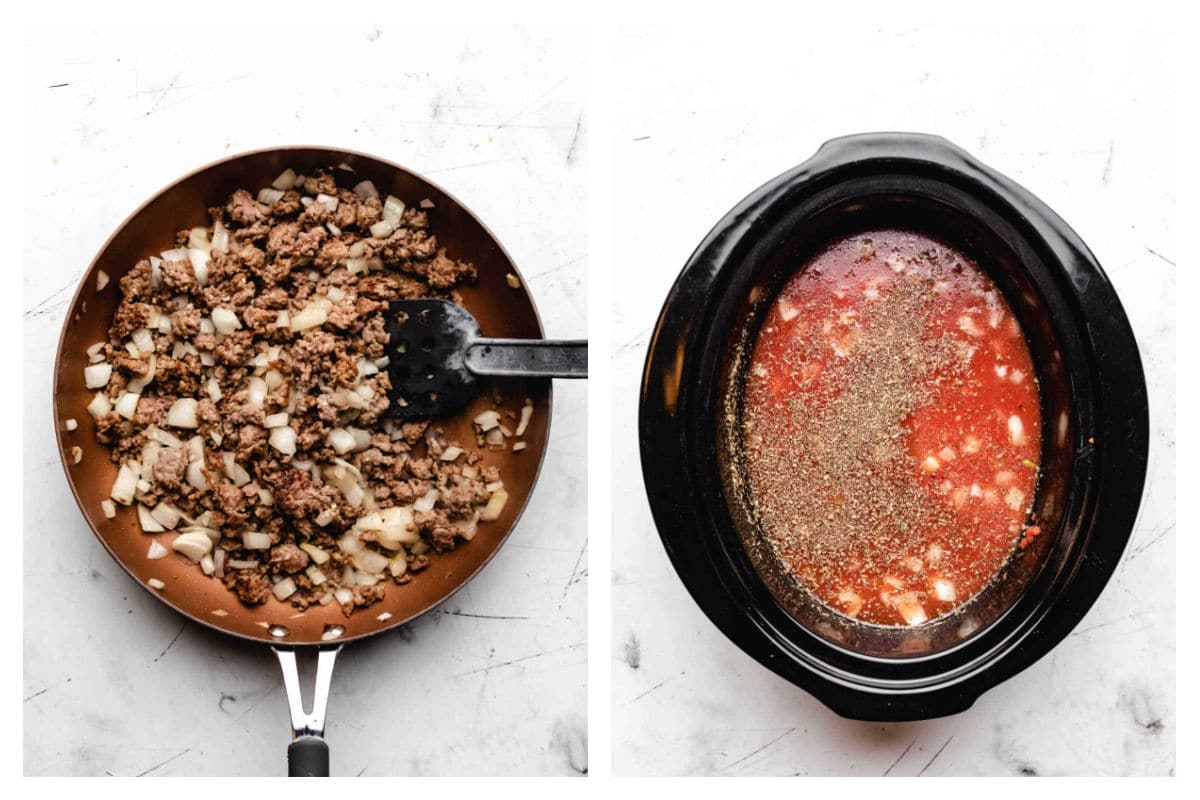 Garlic stirred into sausage mixture next to ingredients for lasagna soup in a slow cooker. 