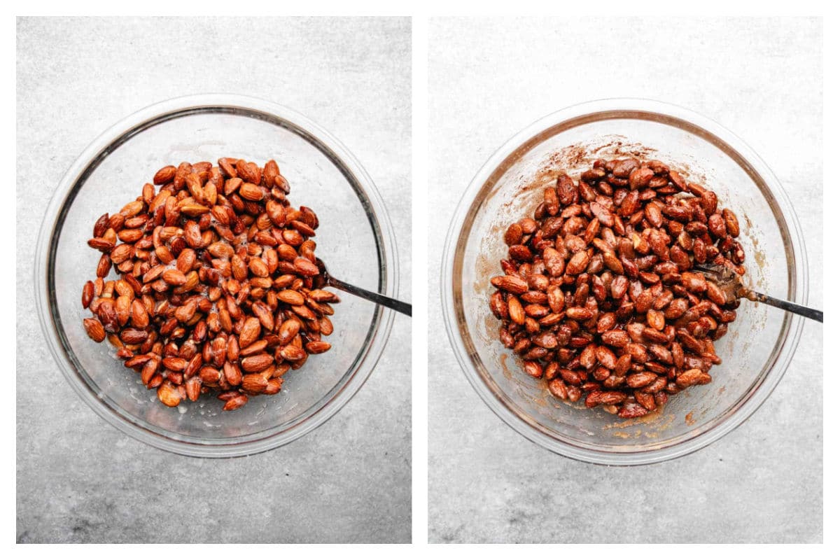Almonds in egg white mixture in a bowl next to cinnamon and sugar mixed in.