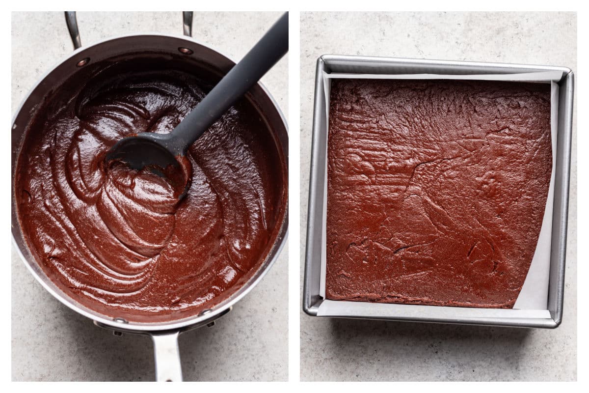 Chocolate chips stirred into sugar mixture next to fudge in a pan. 