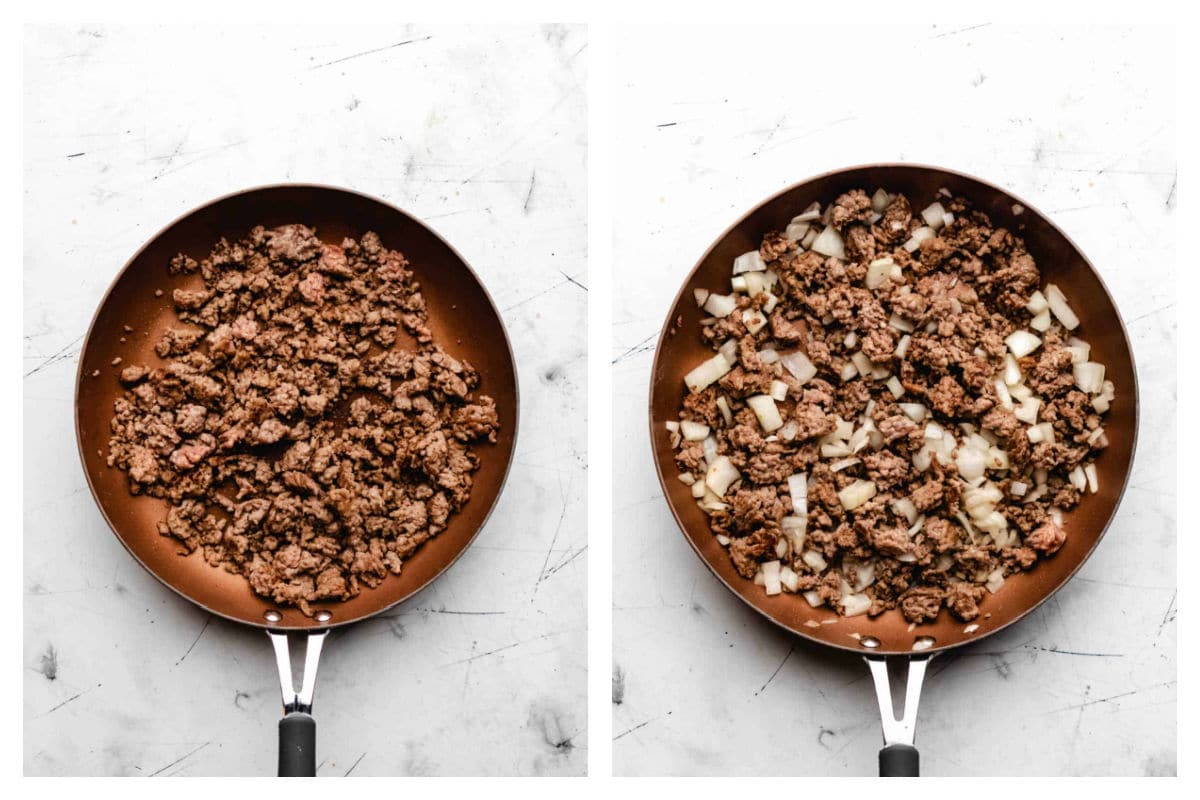 Browned Italian sausage in a pan next to onion mixed in. 