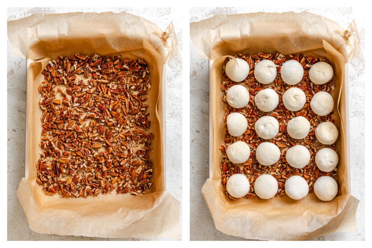 Chopped pecans in a baking tray next to frozen rolls on the pecans.