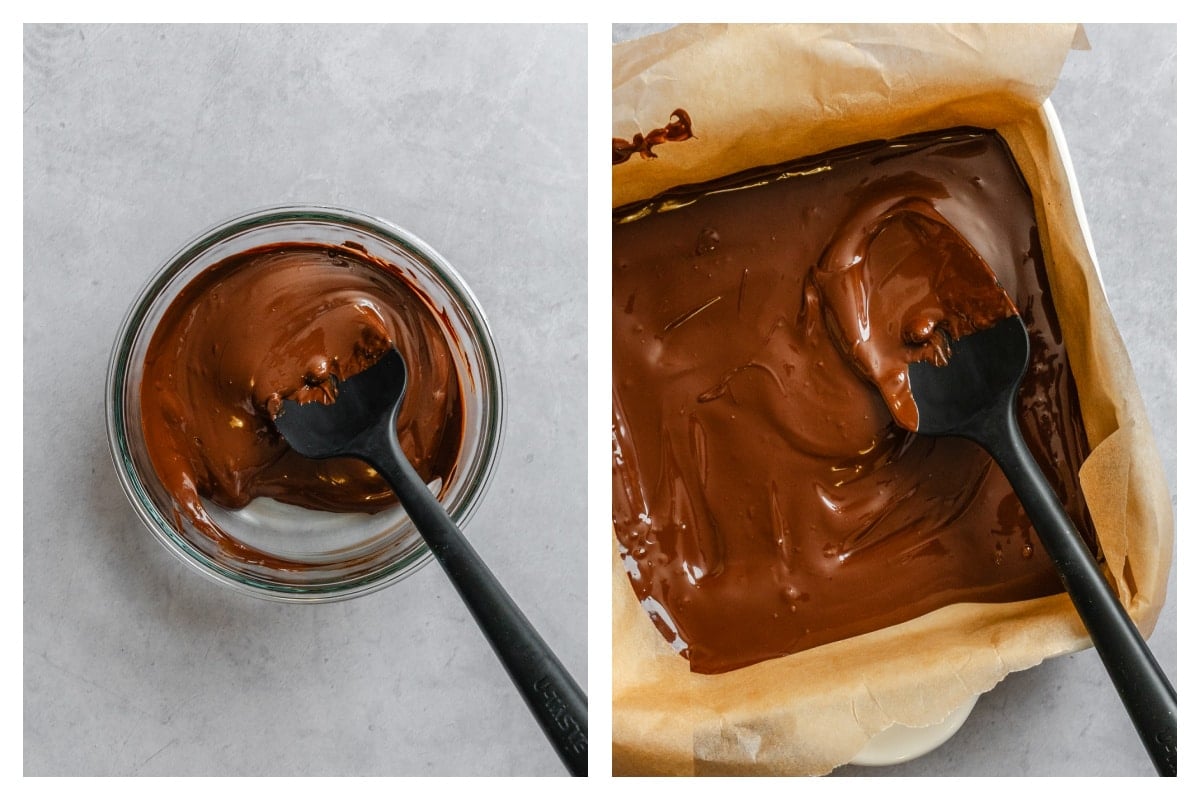 Melted chocolate chips in a bowl next to melted chocolate chips spread in a pan.